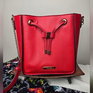 DUNE LONDON Vegan Leather Red Crossbody Bucket Bag with Gold Hardware Accents